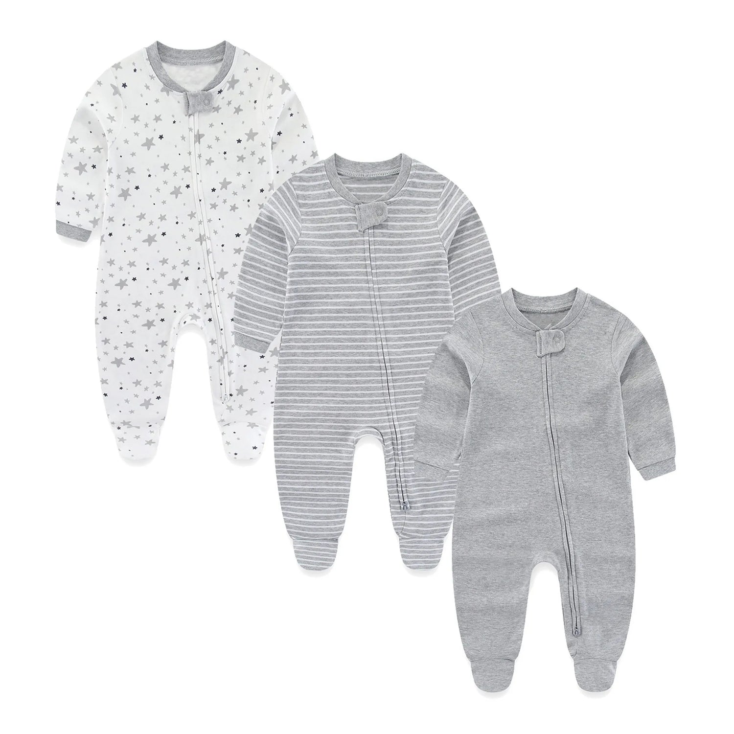 3-Pack Baby Rompers – Cotton Zippered Fall/Winter Set