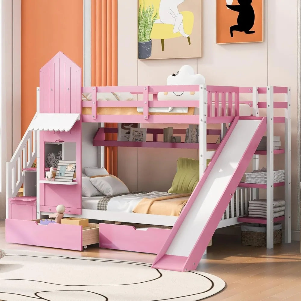 Twin Over Twin Bunk Bed – Storage, Slide &amp; Stairs
