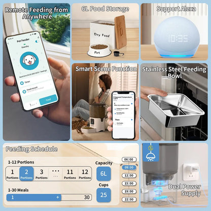 Smart WiFi cat feeder showcase with mobile control, 6L food storage, Alexa support, and stainless steel bowl features.