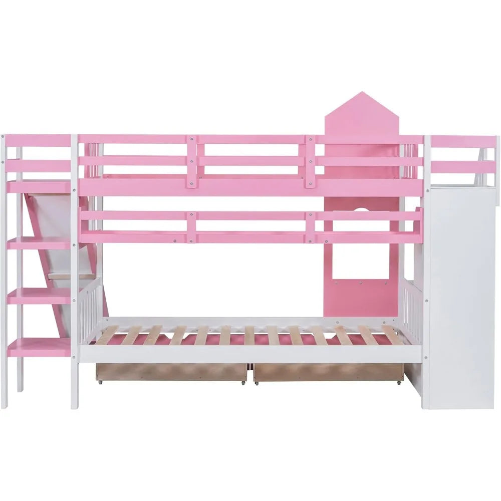Twin Over Twin Bunk Bed – Storage, Slide &amp; Stairs