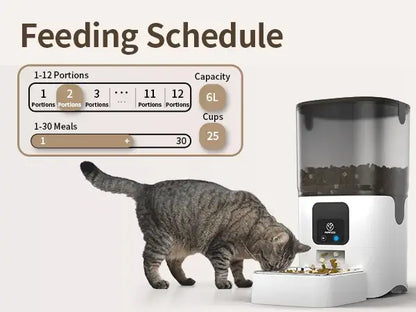 Smart WiFi cat feeder displaying feeding schedule with portion options and a cat eating from the feeder.