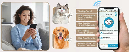 Woman using Smart WiFi Cat Feeder app on smartphone with pets nearby, showcasing remote feeding features and controls.
