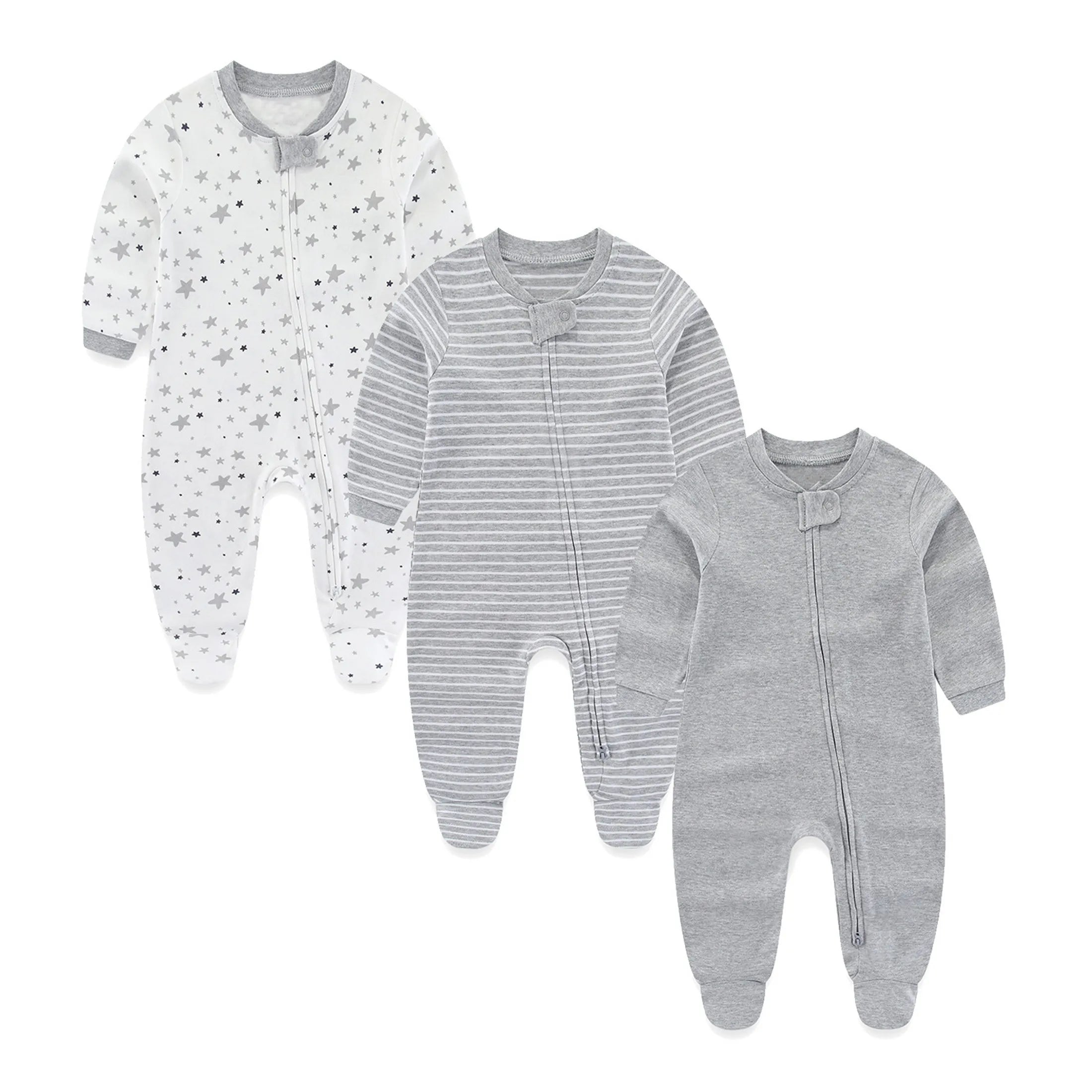 3-Pack Baby Rompers – Cotton Zippered Fall/Winter Set