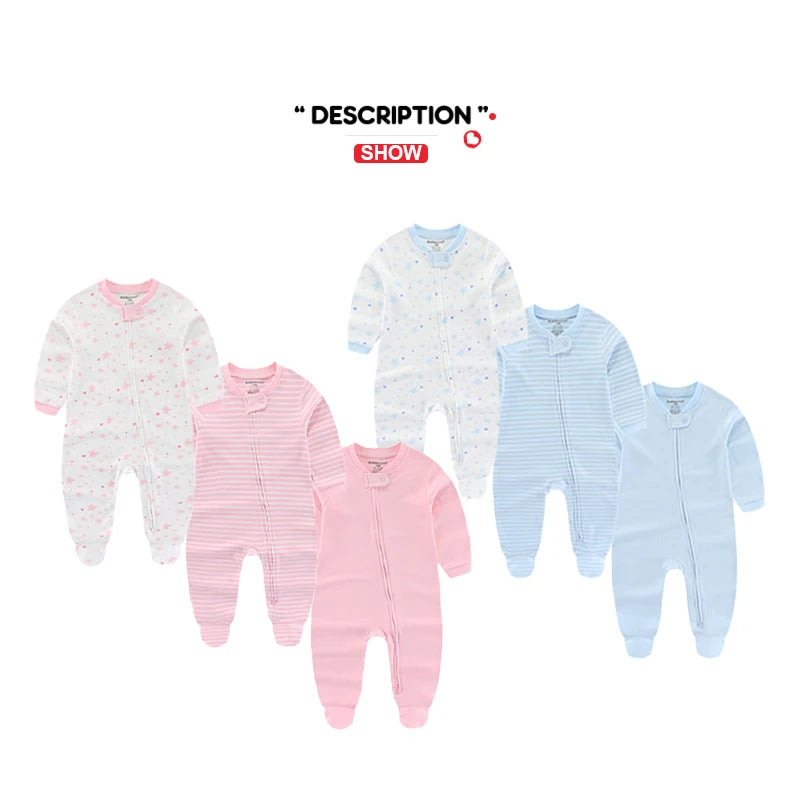 3-Pack Baby Rompers – Cotton Zippered Fall/Winter Set