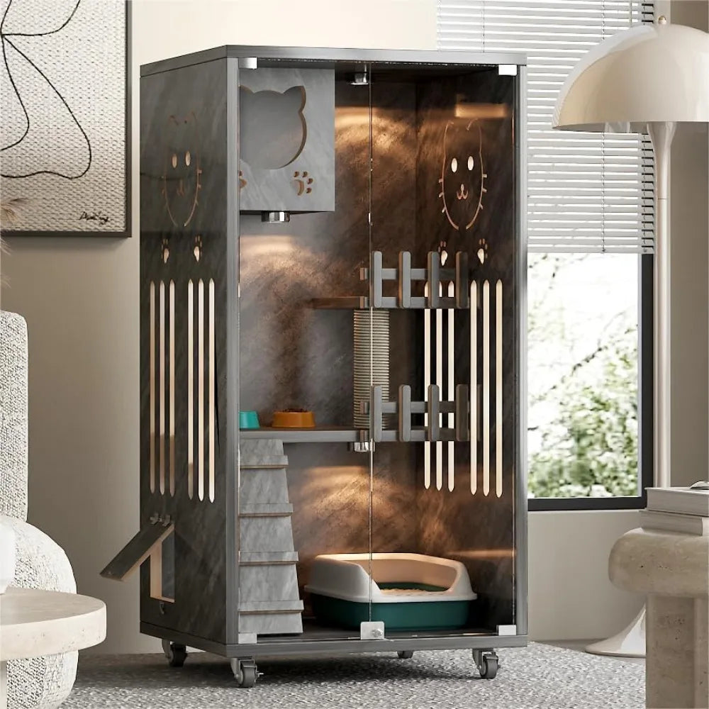 Wooden Cat House – Spacious with Scratcher &amp; Wheels