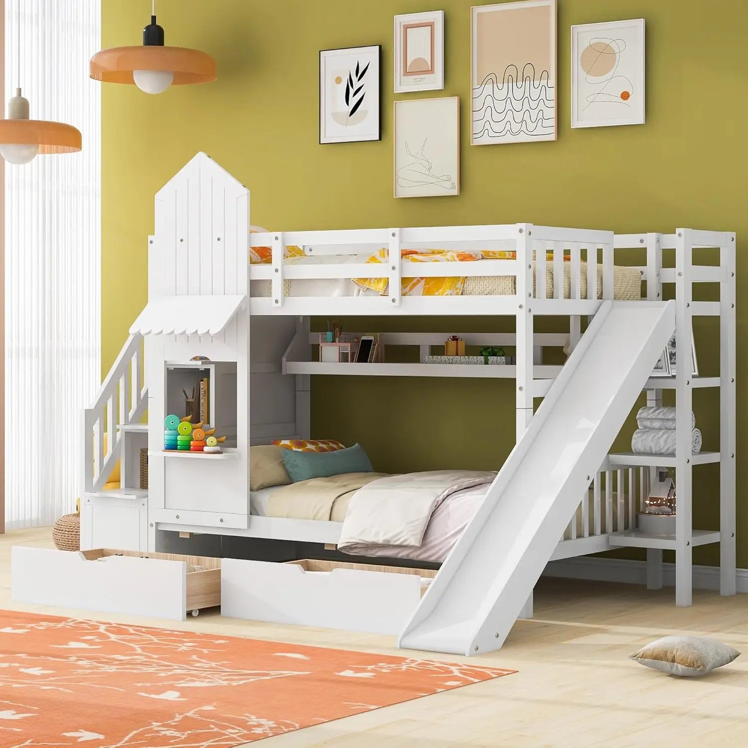 Twin Over Twin Bunk Bed – Storage, Slide &amp; Stairs