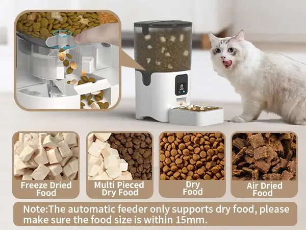 Smart WiFi cat feeder with dry food options and a cat happily eating, ideal for remote feeding and easy cleaning.