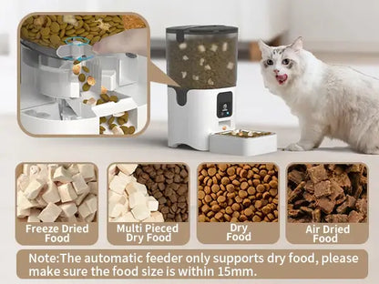 Smart WiFi cat feeder with dry food options and a cat happily eating, ideal for remote feeding and easy cleaning.