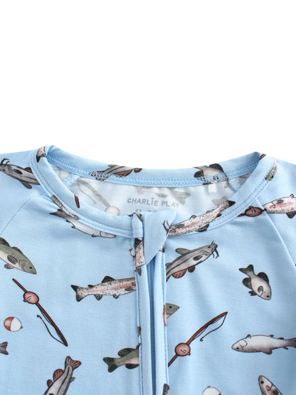 Bamboo Baby Romper – Fish Print &amp; Two-Way Zipper