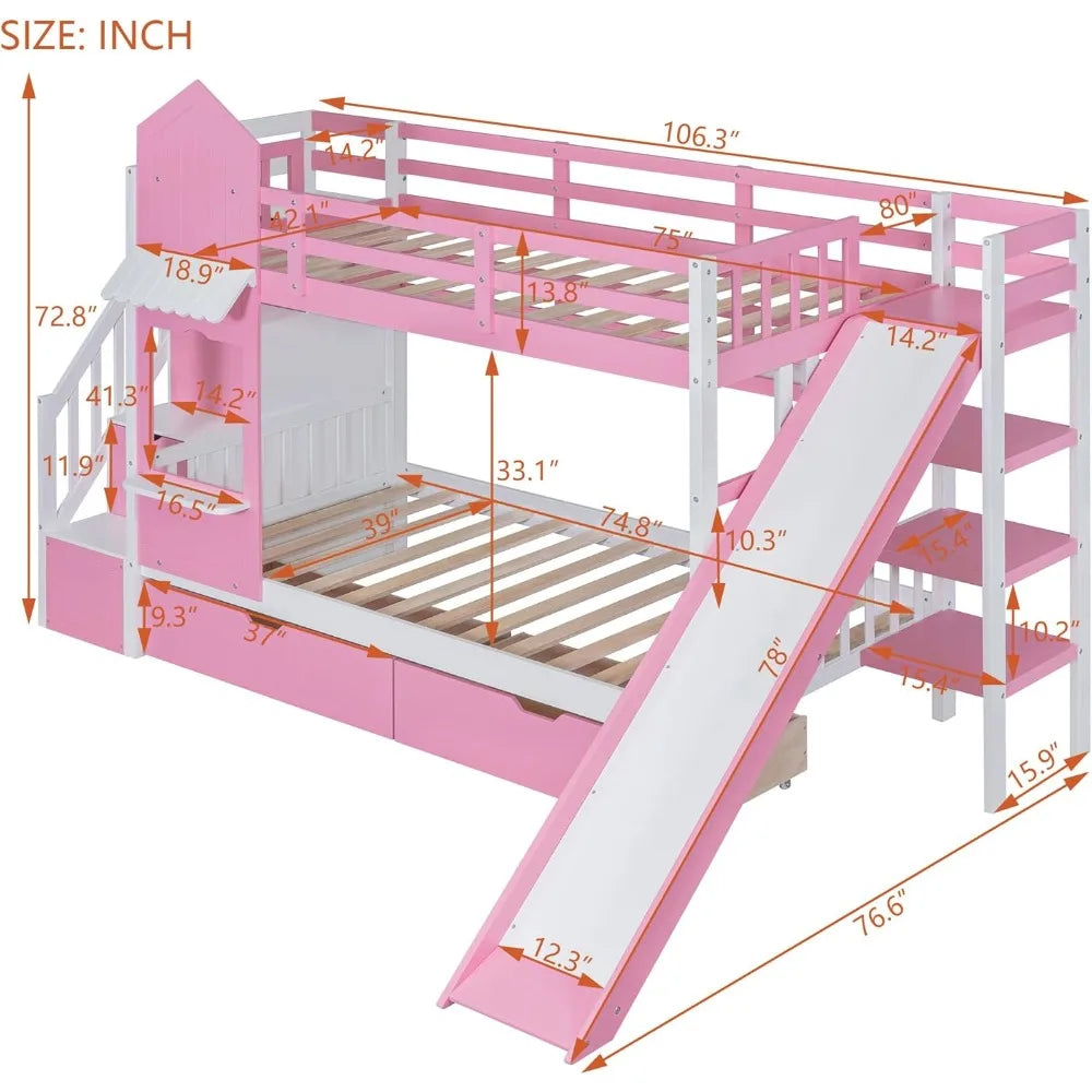 Twin Over Twin Bunk Bed – Storage, Slide &amp; Stairs