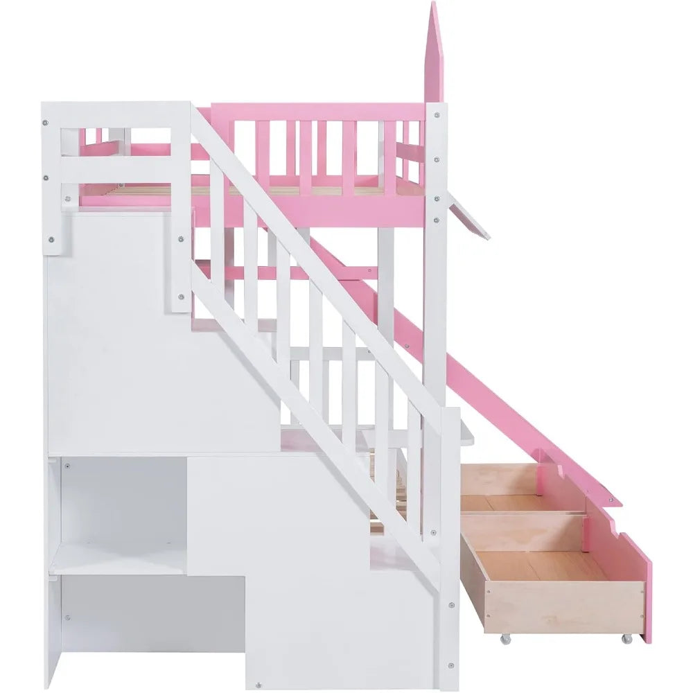 Twin Over Twin Bunk Bed – Storage, Slide &amp; Stairs