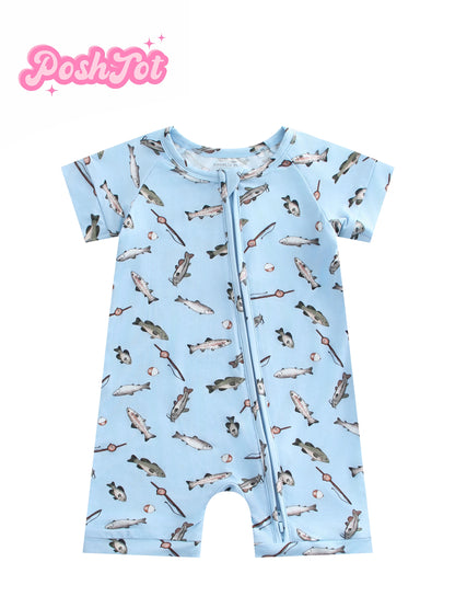 Bamboo Baby Romper – Fish Print &amp; Two-Way Zipper