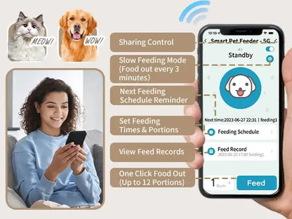 Smart WiFi cat feeder app interface showing features like feeding schedule, portion control, and user enjoying the device.