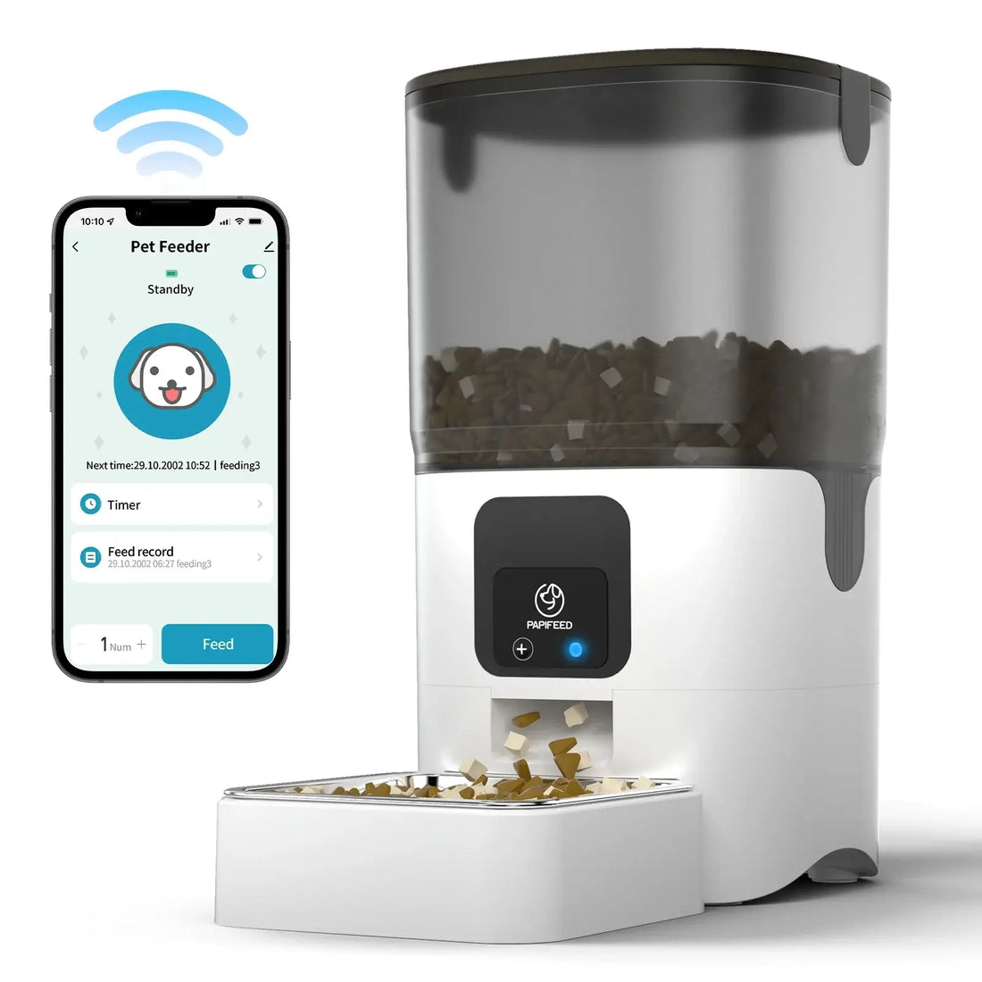 Smart WiFi cat feeder with mobile app control, featuring an easy-to-clean design and remote feeding capability.