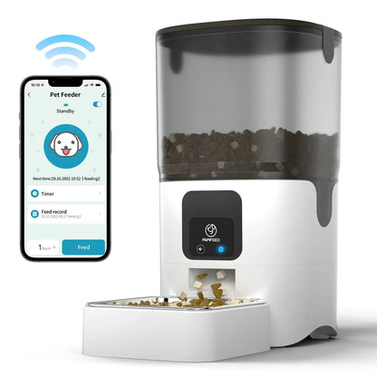 Smart WiFi cat feeder with mobile app control, featuring an easy-to-clean design and remote feeding capability.