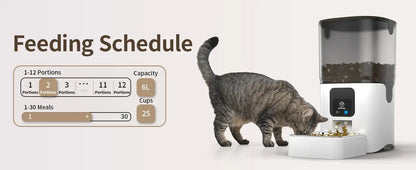 Smart WiFi cat feeder with feeding schedule and adjustable portions, designed for easy cleaning and convenience.
