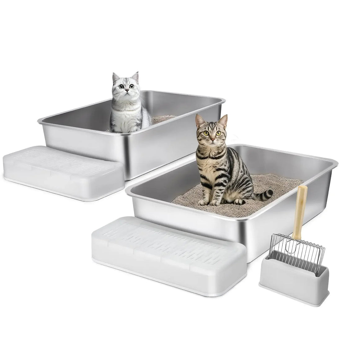 Caja de Arena XL Acero Inox – 2 Unid. para Gatos Grandes