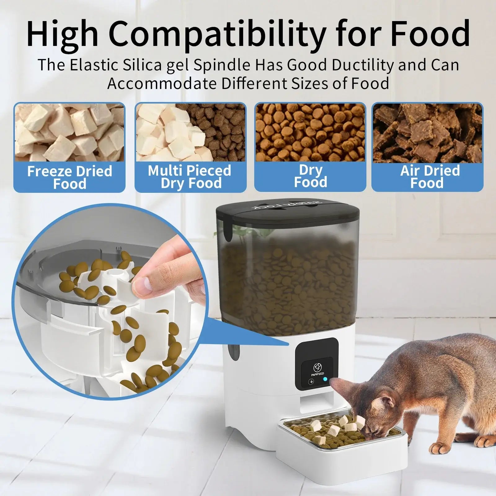 Smart WiFi cat feeder compatible with various food types, showcasing freeze-dried and dry options for optimal feeding.