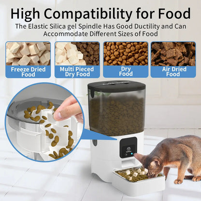 Smart WiFi cat feeder compatible with various food types, showcasing freeze-dried and dry options for optimal feeding.