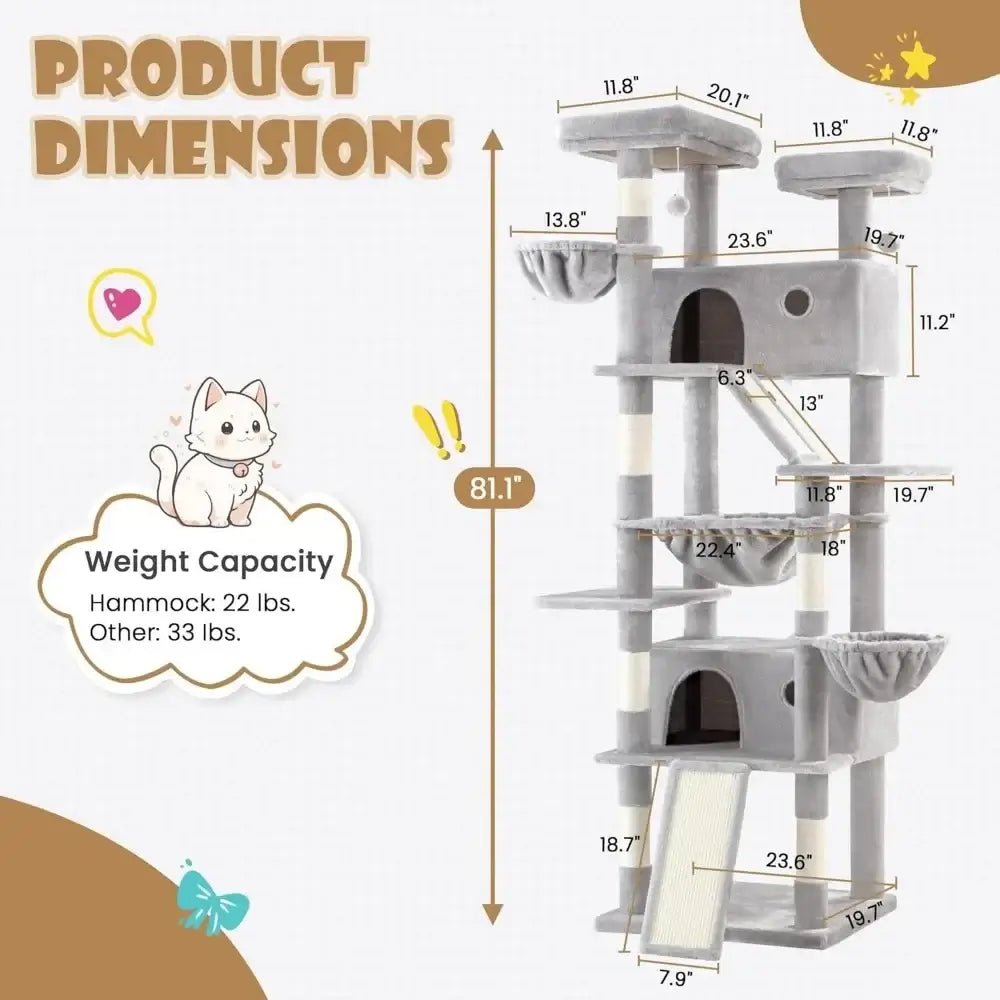 81” Multi-Level Cat Tower with Hammock and Perches