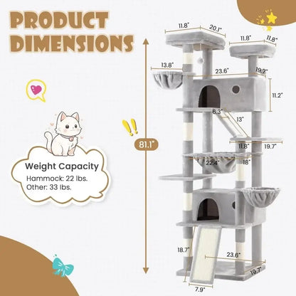 81” Multi-Level Cat Tower with Hammock and Perches